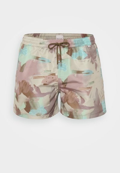 Badbyxor i ett flerfärgat abstrakt mönster med beige, bruna och pastellblå nyanser. Har ett elastiskt midjeband och dragsko.