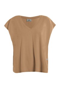 Top med V-hals og korte ærmer i lysebrun farve, lavet af blødt stof. Har en løs pasform og et lille logo som detalje på siden.