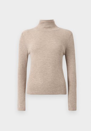 Beige ribbed long-sleeve turtleneck sweater displayed on a plain white background.