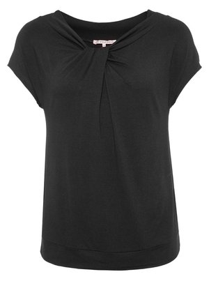 Blouse noire à manches courtes avec un détail de nœud torsadé au large col et une coupe ample.