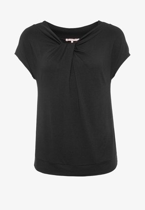 Czarna bluzka z krótkim rękawem z wiązaniem węzła przy szerokim dekolcie i luźnym krojem.