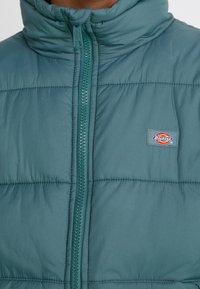 Tealfärgad vadderad jacka med hög krage, full dragkedja framtill och en liten Dickies-logotyp på vänster bröst. Texturerat tyg med sömnadsdetaljer.