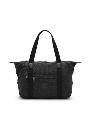 Sac de voyage noir à motifs avec deux longues poignées, poche zippée à l'avant, zips latéraux et un petit porte-clés décoratif attaché.