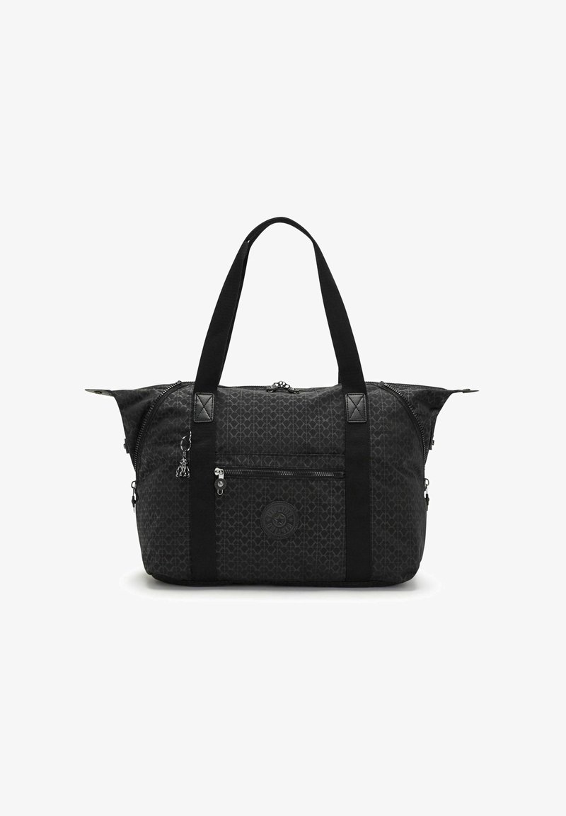 Sac de voyage noir à motifs avec deux longues poignées, poche zippée à l'avant, zips latéraux et un petit porte-clés décoratif attaché.