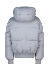 Hellgraue Pufferjacke mit Kapuze, langen Ärmeln sowie gerippten Bündchen und Saum, von hinten auf weißem Hintergrund gezeigt.