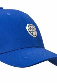 Blaues Baumwoll-Cap mit einem gebogenen Schirm, ausgestattet mit einem weißen Wappen-Logo, das "1969" und "ITALIA" gestickt hat, akzentuiert von grünen und roten Sternen.