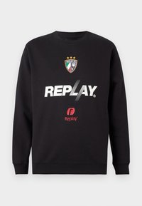 Black sweatshirt with "REPLAY" logo and Replay FC crest featuring three stars and Italian flag colors on front center.