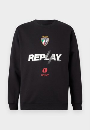 Black sweatshirt with "REPLAY" logo and Replay FC crest featuring three stars and Italian flag colors on front center.