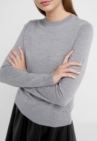 Šedý dlouhý svetr s dlouhým rukávem vyrobený z měkkého materiálu s přiléhavým střihem. Obsahuje kulatý výstřih a žebrované manžety a lem.