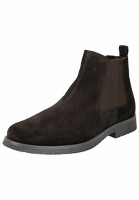 Stivali Chelsea in suede marrone con pannelli elastici laterali, punta rotonda e suola in gomma texturizzata. Presenta una linguetta per una facile calzata.