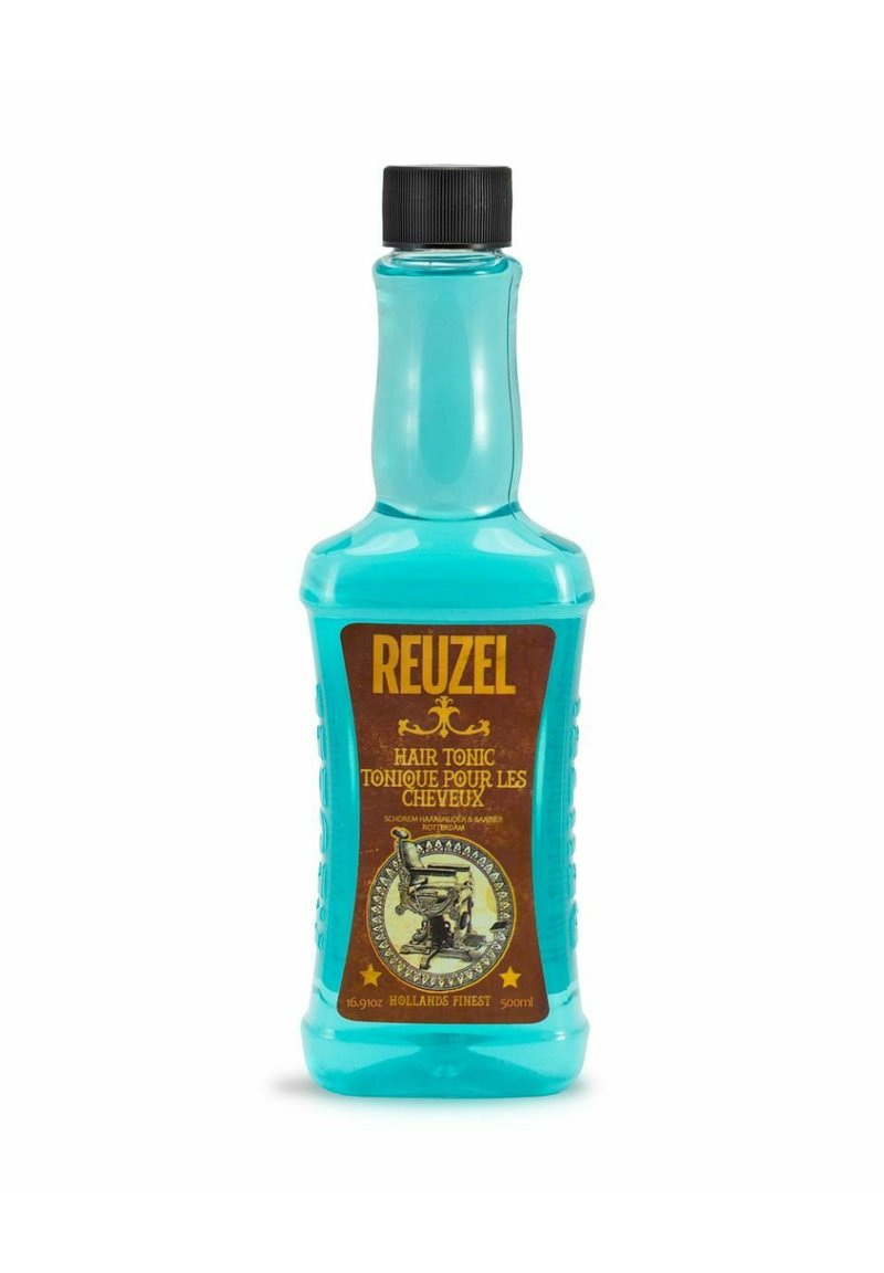 Reuzel haar tonic in een transparante blauwe fles met een zwarte dop. Heeft een bruine label met gouden accenten en een vintage kappersafbeelding.