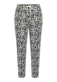 Pantalon de jogging beige avec imprimé léopard noir, taille élastique et cordon blanc à nouer à l'avant.