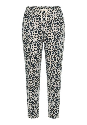 Beige Jogginghosen mit schwarzem Leopardenmuster, elastischem Bund und weißer Kordel vorne.