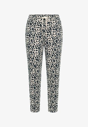 Pantalon de jogging beige avec imprimé léopard noir, taille élastique et cordon blanc à nouer à l'avant.