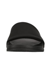 Black slide sandal with a smooth, rounded upper and an open-toe design. Textured footbed and sole for grip. Flexible material construction.