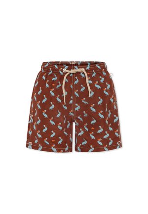 Shorts de bain marron avec un motif répétitif de pélicans bleus et des accents orange. Équipés d'une taille élastique avec un cordon de serrage.
