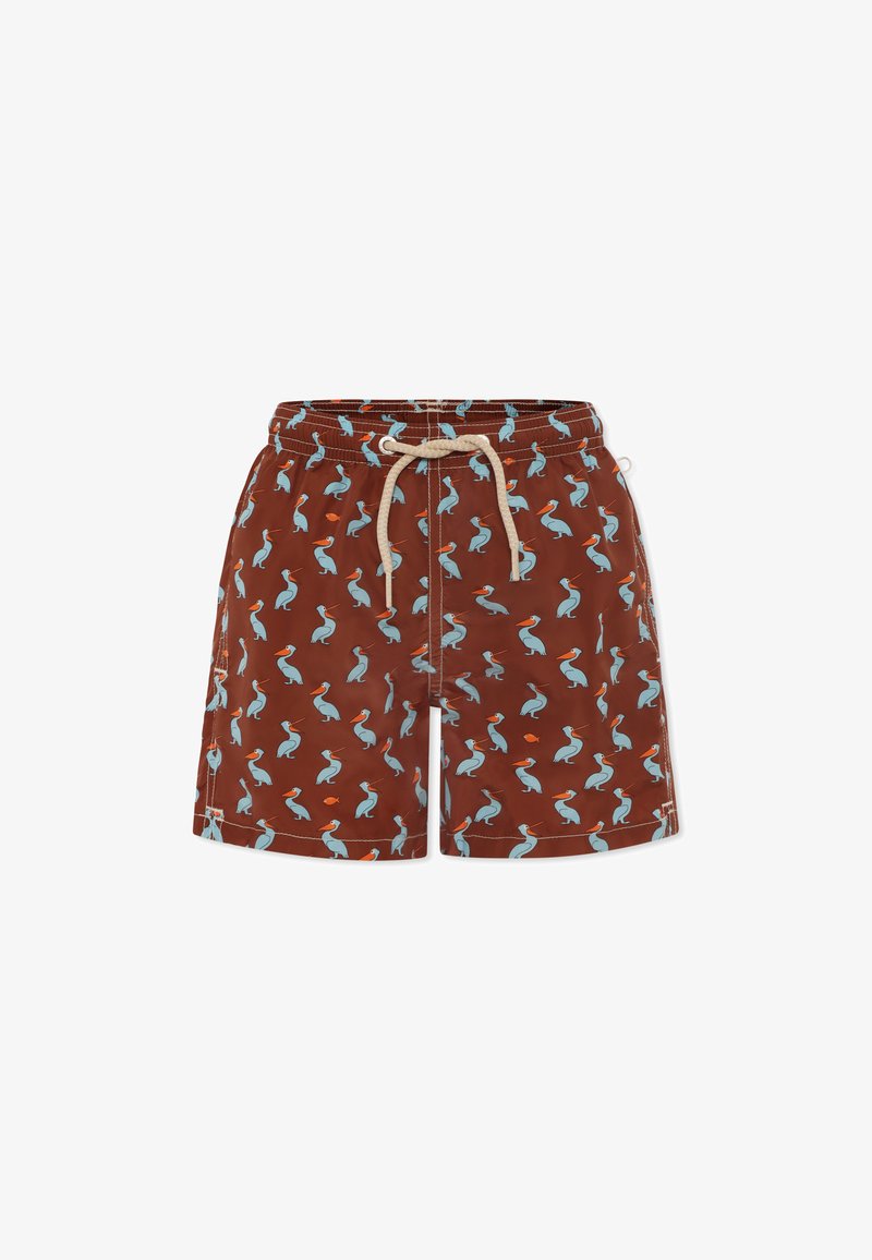 Shorts de bain marron avec un motif répétitif de pélicans bleus et des accents orange. Équipés d'une taille élastique avec un cordon de serrage.