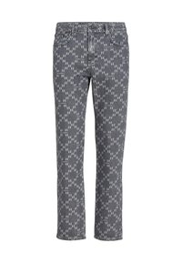 Jeans de mezclilla gris con un patrón geométrico en un tono más claro. Diseño de pierna recta con bolsillos estándar y cierre de botón.