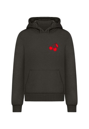 Černá mikina s kapucí, s přední kapsou a červenou grafikou třešně na levé straně hrudi.