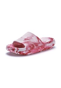 Růžové a bílé klouzavé sandály s texturovaným popruhem a mramorovým vzorem na podešvi, navržené pro volnočasové nošení.