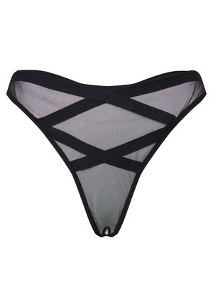 Black mesh thong with cross-patterned elastic bands. Features a thin waistband and minimal rear coverage. Soft, lightweight fabric.