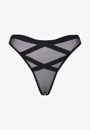 Černé síťované tanga s elastickými pásky v křížovém vzoru. Obsahuje tenký pás a minimální zakrytí vzadu. Měkká, lehká tkanina.