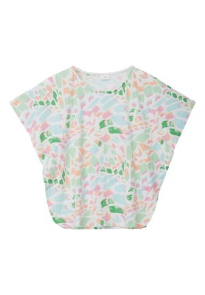 Korte mouwen top van lichtgewicht, zacht materiaal met een pastel abstract patroon in roze, groen en blauw. Losse, relaxte pasvorm met een ronde halslijn.