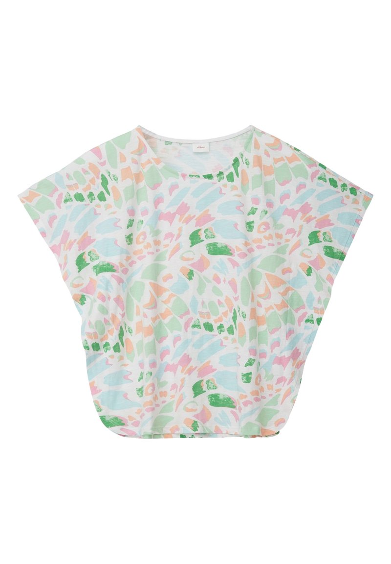 Korte mouwen top van lichtgewicht, zacht materiaal met een pastel abstract patroon in roze, groen en blauw. Losse, relaxte pasvorm met een ronde halslijn.