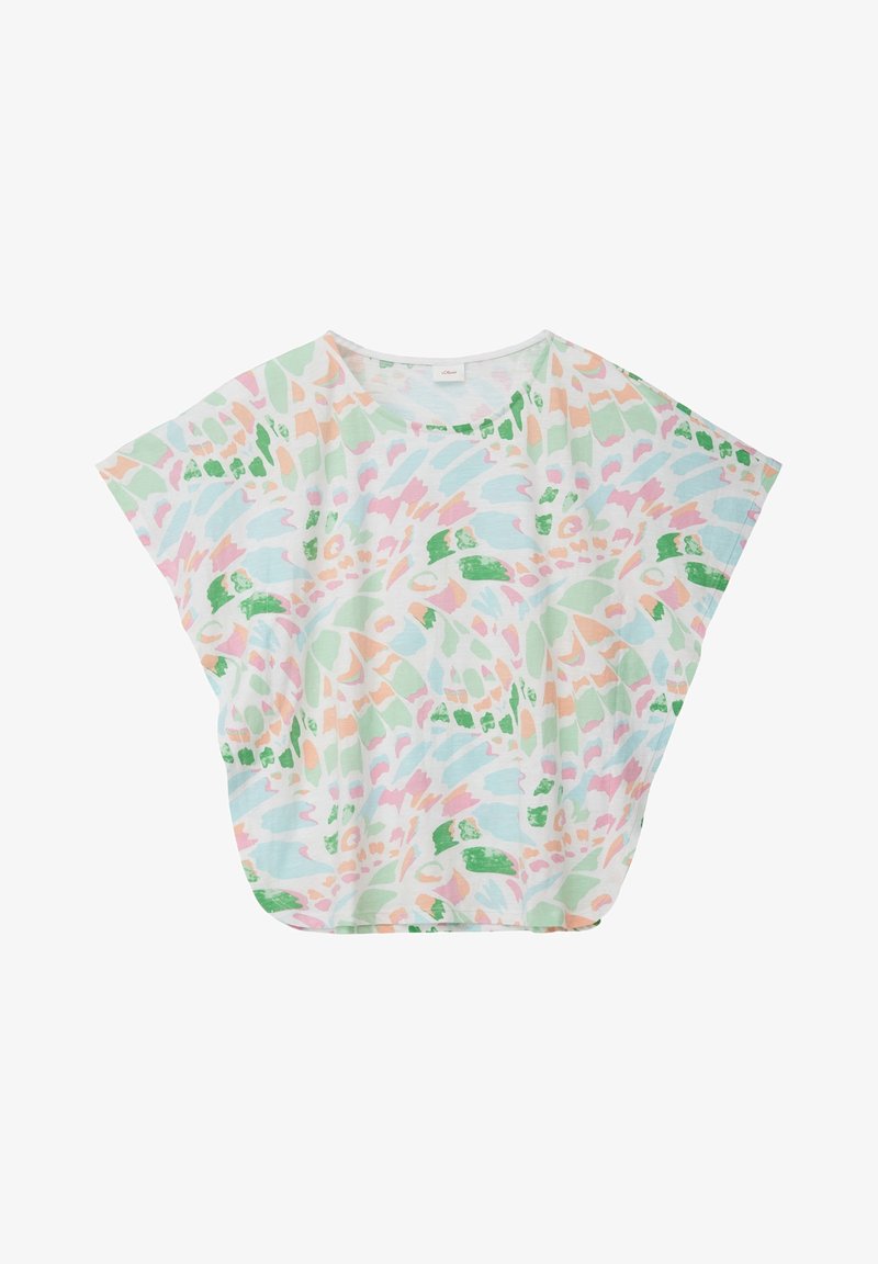 Haut à manches courtes en tissu léger et doux, présentant un motif abstrait pastel dans les tons de rose, vert et bleu. Coupe ample et décontractée avec un col rond.