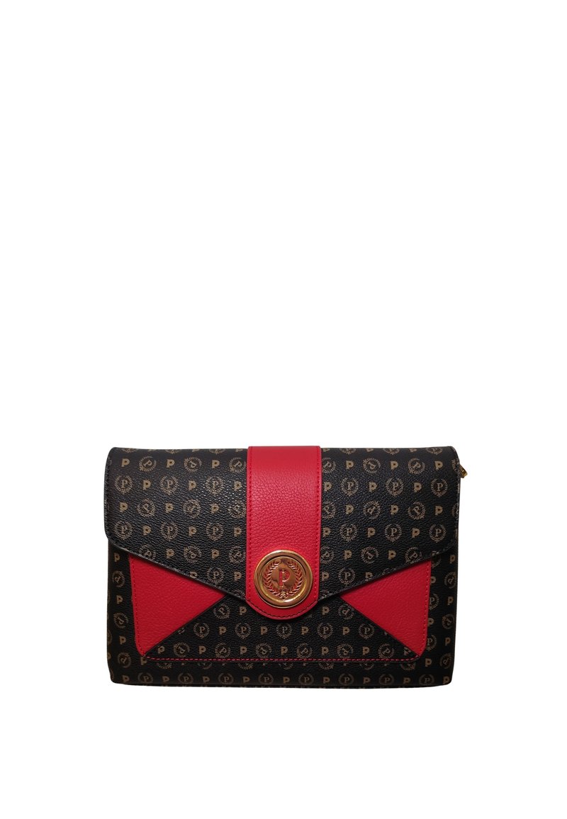 Borsa a mano monogrammata nera e oro con una patta in pelle rossa, caratterizzata da un logo circolare dorato e una cucitura dettagliata. Forma compatta e rettangolare.