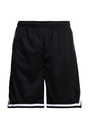 Zwarte sportshort met elastische tailleband, zijzakken met ritssluiting en witte streepdetail langs de zoom.