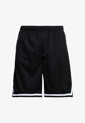 Zwarte sportshort met elastische tailleband, zijzakken met ritssluiting en witte streepdetail langs de zoom.