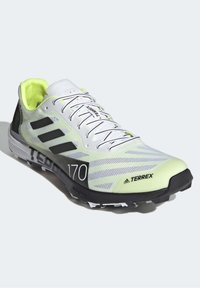 Běžecké boty Adidas Terrex s vrchní částí z lehké šedé a černé síťoviny, limetkovými akcenty a texturovanou černou podrážkou se zpevněnými prvky pro trakci.