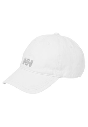 Gorra de béisbol blanca con visera curva y pequeño logotipo "HH" bordado en el panel frontal.