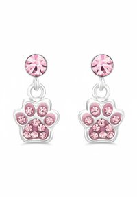 Orecchini a forma di zampa di cristallo rosa con finitura color argento, caratterizzati da molteplici piccoli cristalli incastonati su uno sfondo rosa.