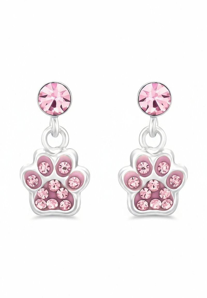 Orecchini a forma di zampa di cristallo rosa con finitura color argento, caratterizzati da molteplici piccoli cristalli incastonati su uno sfondo rosa.