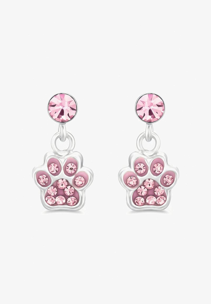 Orecchini a forma di zampa di cristallo rosa con finitura color argento, caratterizzati da molteplici piccoli cristalli incastonati su uno sfondo rosa.