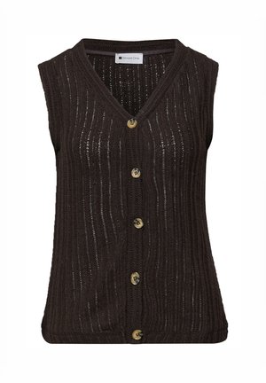 Gilet sans manches marron foncé en maille avec motifs verticaux, col en V, et cinq boutons sur le devant, étiquette "Street One".