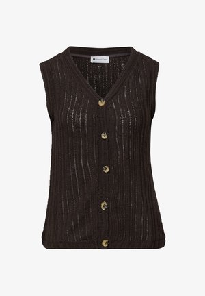 Ärmellose dunkelbraune Strickweste mit vertikalen Mustern, V-Ausschnitt und fünf vorderen Knöpfen, mit dem Etikett "Street One".