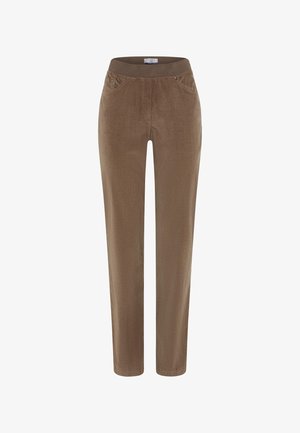 Bruine corduroy broek met een elastische tailleband, twee zijzakken en een rechte pijpdesign. Zachte textuur en fijne ribbelpatroon.