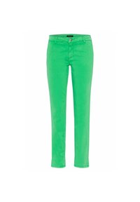 Pantalons en denim verts à coupe slim, avec une fermeture à bouton et un design à cinq poches. Texture lisse, longueur au niveau des chevilles.