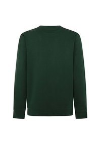 Sudadera de color verde oscuro con mangas largas, cuello redondo y puños acanalados. Textura suave sin patrones ni adornos visibles.