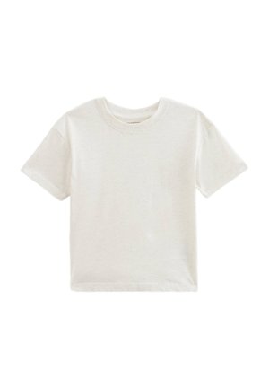 T-shirt en coton blanc à manches courtes, col rond, avec un tissu légèrement texturé. Pas de motifs ou d'accents visibles. Design simple.