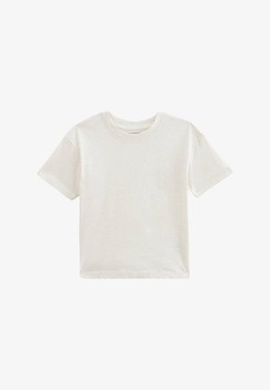 T-shirt en coton blanc à manches courtes, col rond, avec un tissu légèrement texturé. Pas de motifs ou d'accents visibles. Design simple.