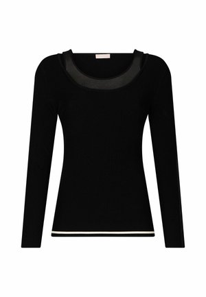 Haut noir à manches longues avec une texture côtelée, présentant un décolleté transparent et une bande d'accent blanche à l'ourlet.