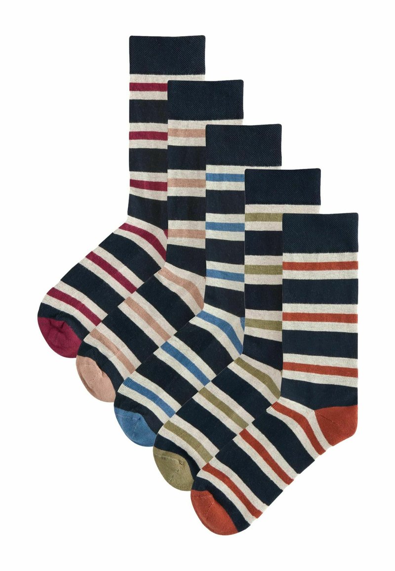 Striped socks in a variety of colors: navy, burgundy, green, blue, and cream. Each pair features contrasting toes and cuffs, soft cotton material.