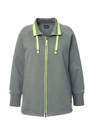 Giacca grigia con zip, dotata di colletto alto, dettagli in verde neon, cordoncino e tasche laterali. Realizzata in tessuto testurizzato; vestibilità ampia.