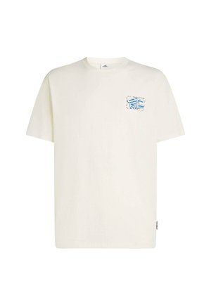 Licht crèmekleurig katoenen T-shirt met korte mouwen, een ronde hals en een blauwe grafische afbeelding op het linkerborstgedeelte. Label aan de zijkant.