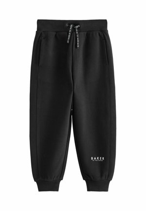 Pantalones de chándal negros hechos de una tela suave, con cintura ajustable mediante cordón, puños acanalados, bolsillos laterales y un logo impreso cerca del dobladillo.