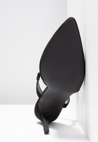 Chaussure à talon haut noire à bout pointu reposant sur sa semelle contre un coin blanc, montrant le motif de la semelle.